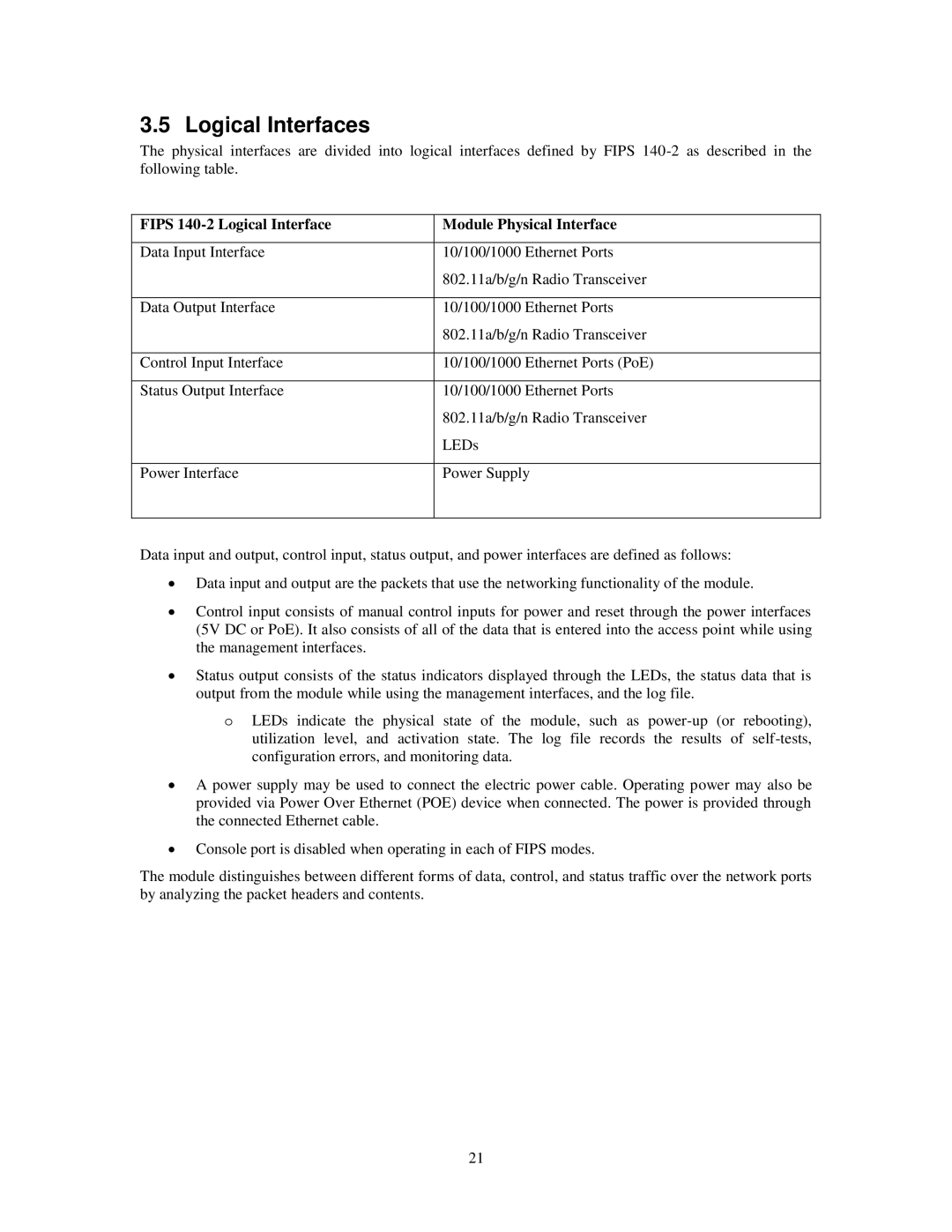 Dell AP-135, AP-134, W-AP135, W-AP134 manual Logical Interfaces, Fips 140-2 Logical Interface Module Physical Interface 