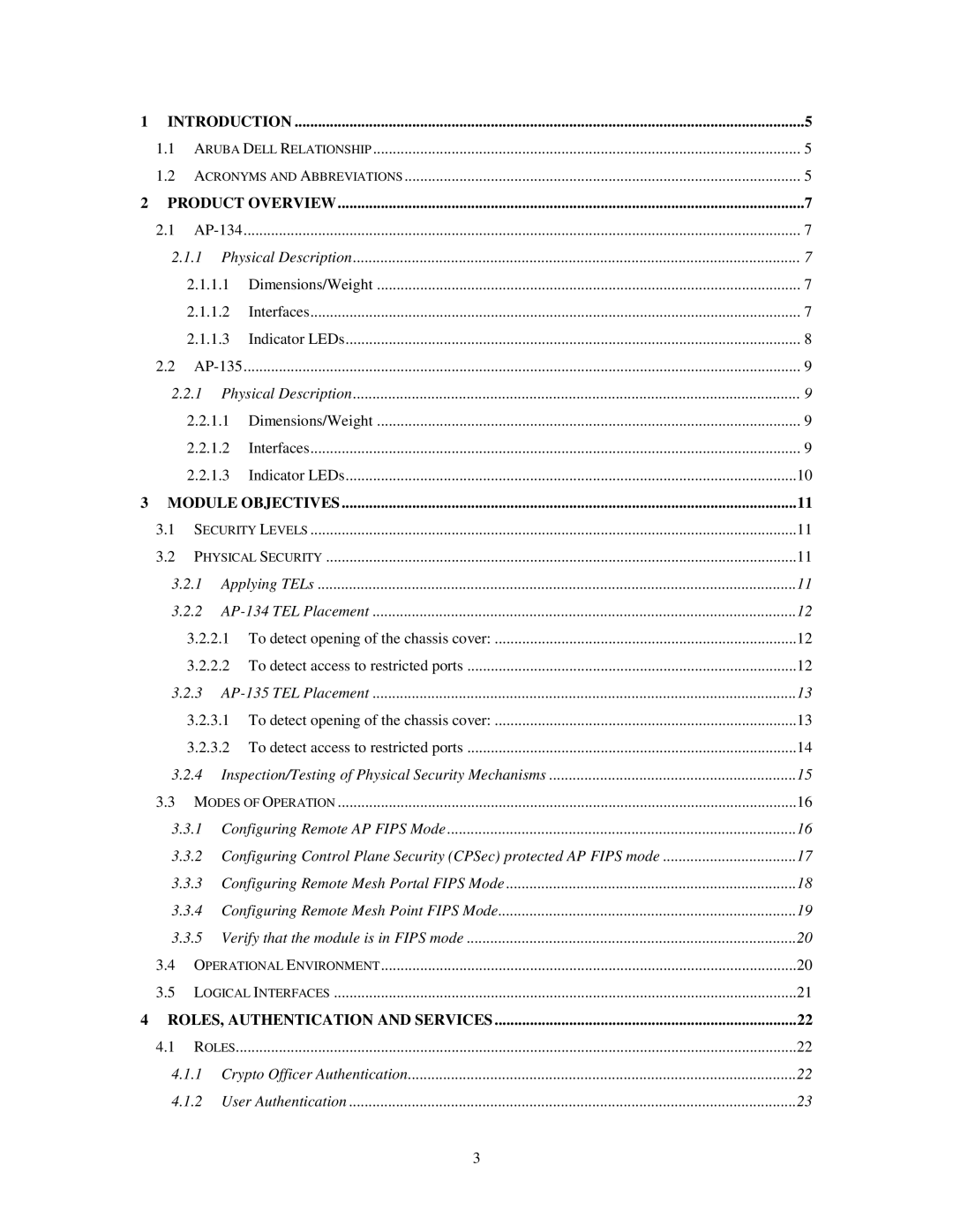 Dell W-AP134 Aruba Dell Relationship Acronyms and Abbreviations, Security Levels Physical Security, Modes of Operation 