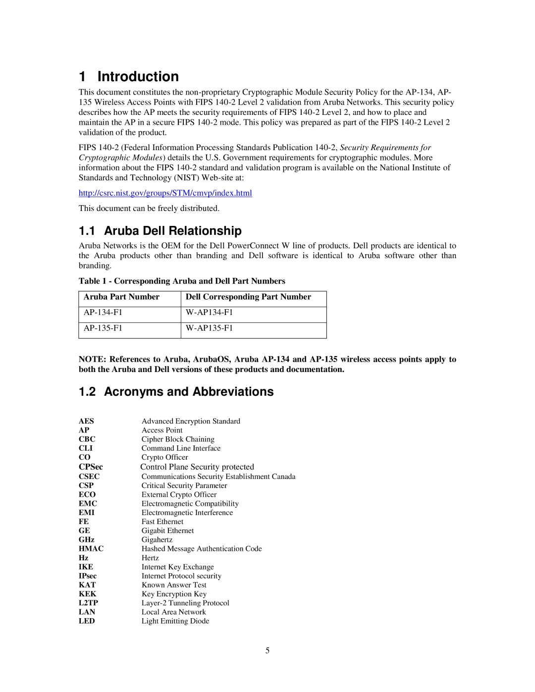 Dell AP-135, AP-134, W-AP135, W-AP134 manual Introduction, Aruba Dell Relationship, Acronyms and Abbreviations, CPSec 