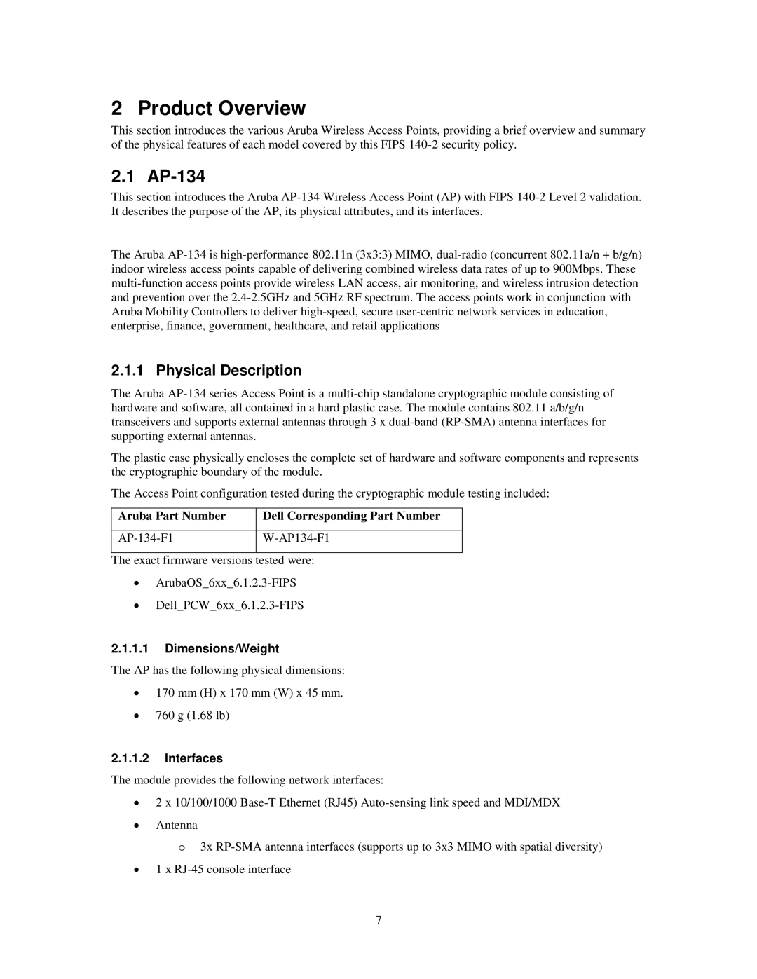 Dell W-AP134, AP-135 manual Product Overview, AP-134, Physical Description, Aruba Part Number Dell Corresponding Part Number 