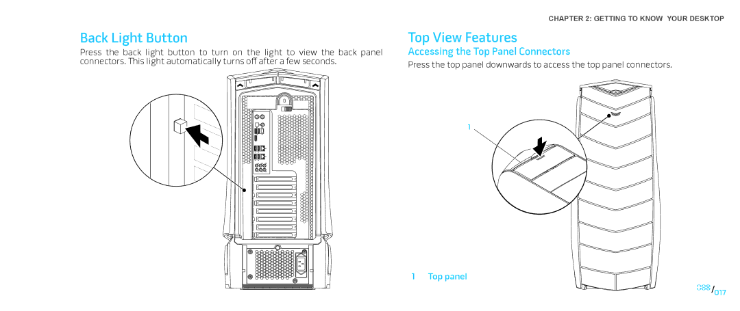 Dell Area-51 ALX manual Back Light Button, Top View Features, Accessing the Top Panel Connectors 