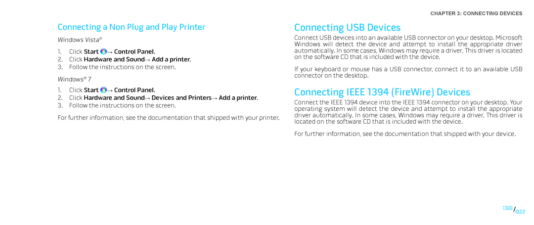 Dell Area-51 manual Connecting USB Devices, Connecting Ieee 1394 FireWire Devices, Connecting a Non Plug and Play Printer 