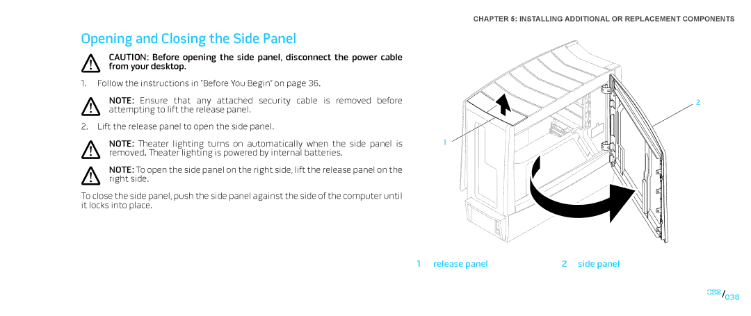 Dell Area-51 ALX manual Opening and Closing the Side Panel 