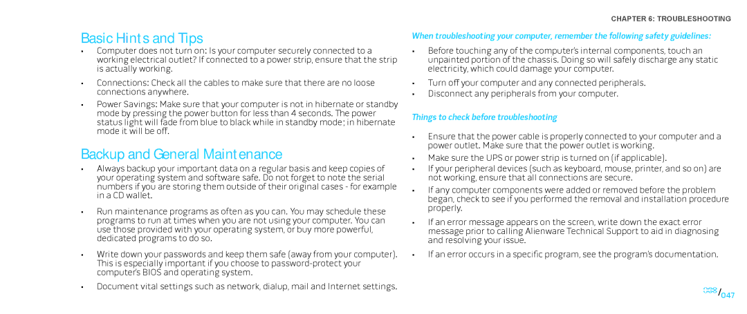 Dell Area-51 ALX manual Basic Hints and Tips, Backup and General Maintenance 