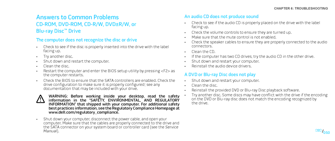 Dell Area-51 ALX manual Answers to Common Problems, CD-ROM, DVD-ROM, CD-R/W, DVD±R/W, or Blu-ray Disc Drive 