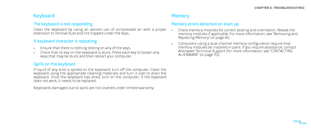 Dell Area-51 ALX manual Keyboard, Memory 