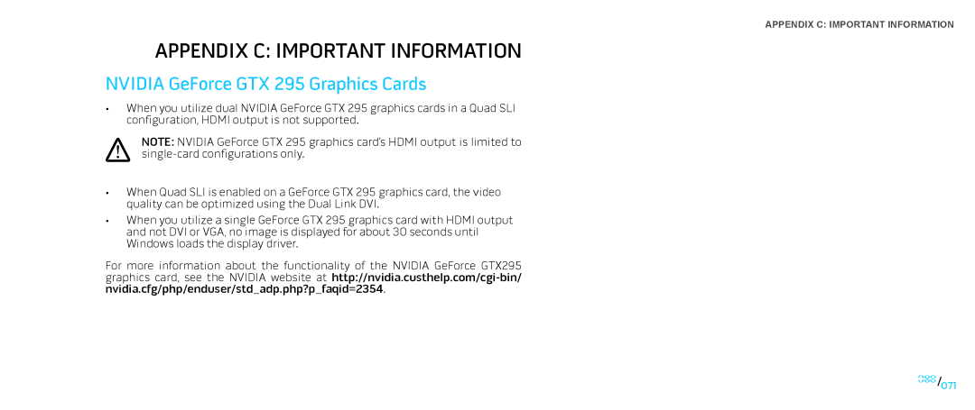 Dell Area-51 ALX manual Appendix C Important Information, Nvidia GeForce GTX 295 Graphics Cards 