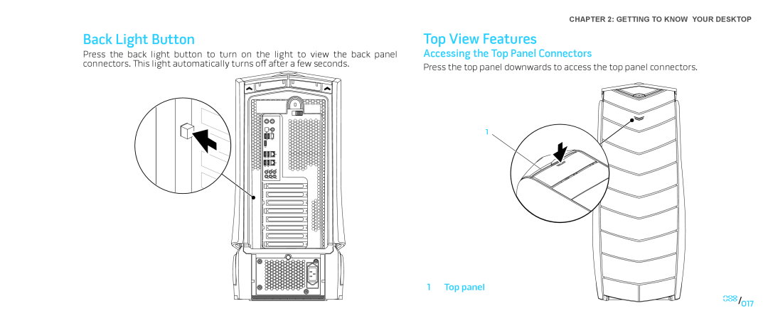 Dell Area-51 ALX manual Back Light Button, Top View Features, Accessing the Top Panel Connectors, 017/017 