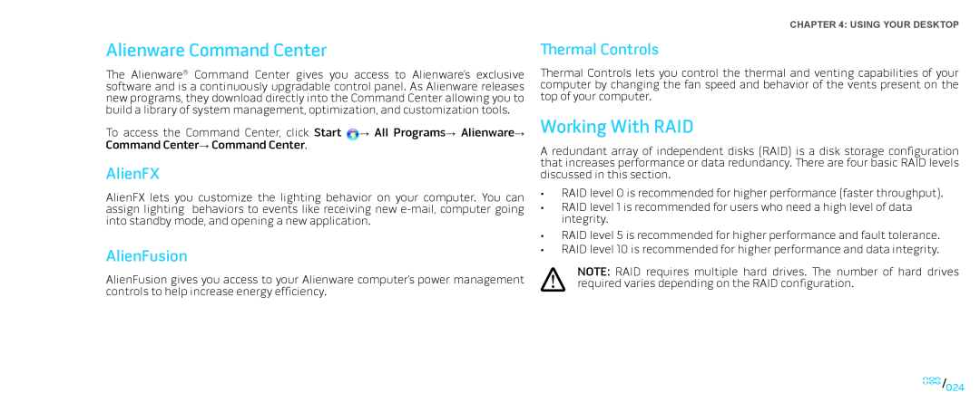 Dell Area-51 ALX manual Alienware Command Center, Working With RAID, AlienFX, AlienFusion, Thermal Controls 