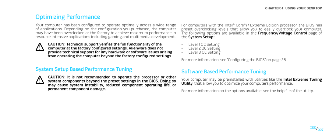 Dell Area-51 ALX manual Optimizing Performance, System Setup Based Performance Tuning, Software Based Performance Tuning 