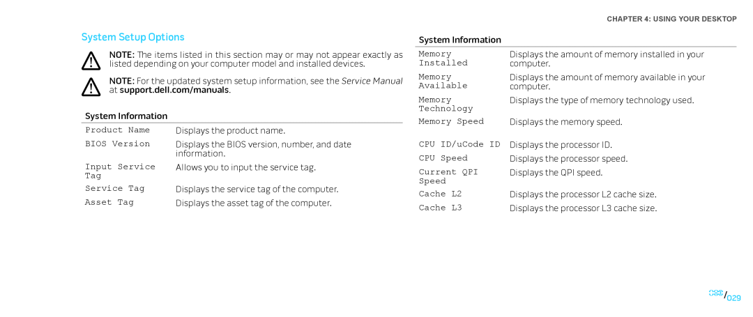 Dell Area-51 ALX manual System Setup Options, 029 /029 