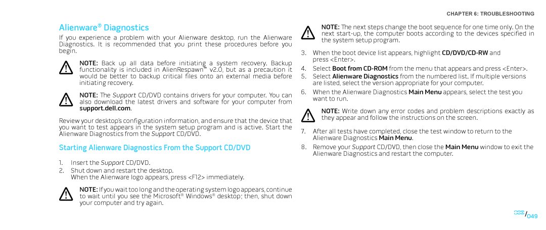 Dell Area-51 ALX manual Starting Alienware Diagnostics From the Support CD/DVD 