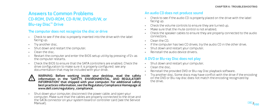 Dell Area-51 ALX manual Answers to Common Problems, CD-ROM, DVD-ROM, CD-R/W, DVD±R/W, or Blu-ray Disc Drive 