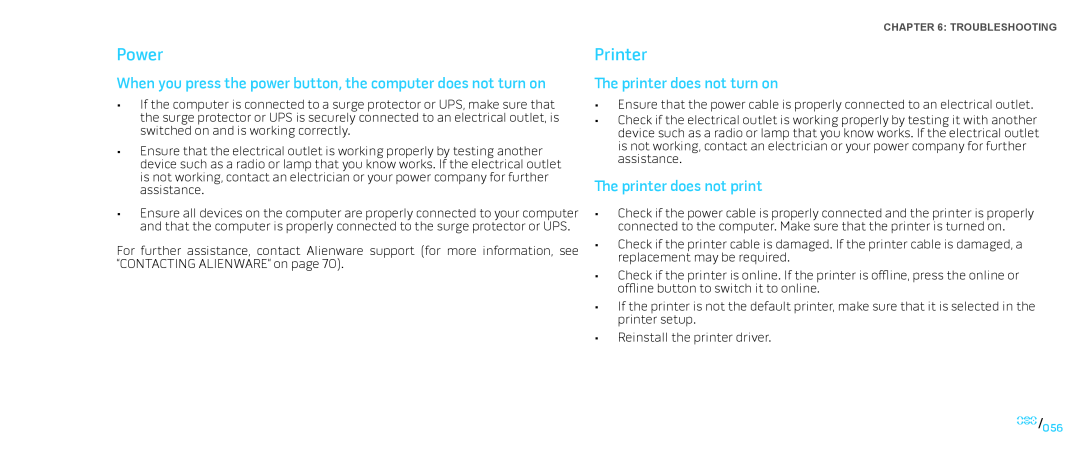 Dell Area-51 ALX manual Power, Printer, The printer does not turn on, The printer does not print 