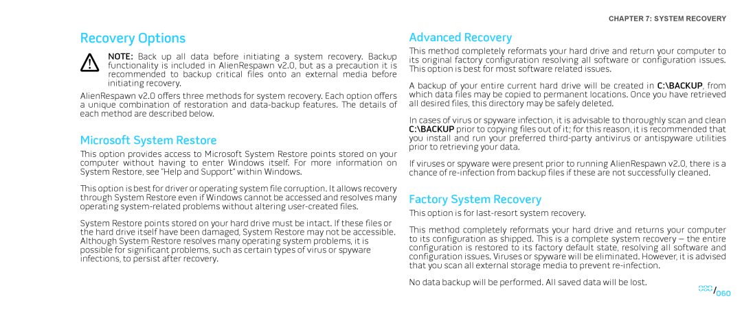 Dell Area-51 ALX manual Recovery Options, Microsoft System Restore, Advanced Recovery, Factory System Recovery 