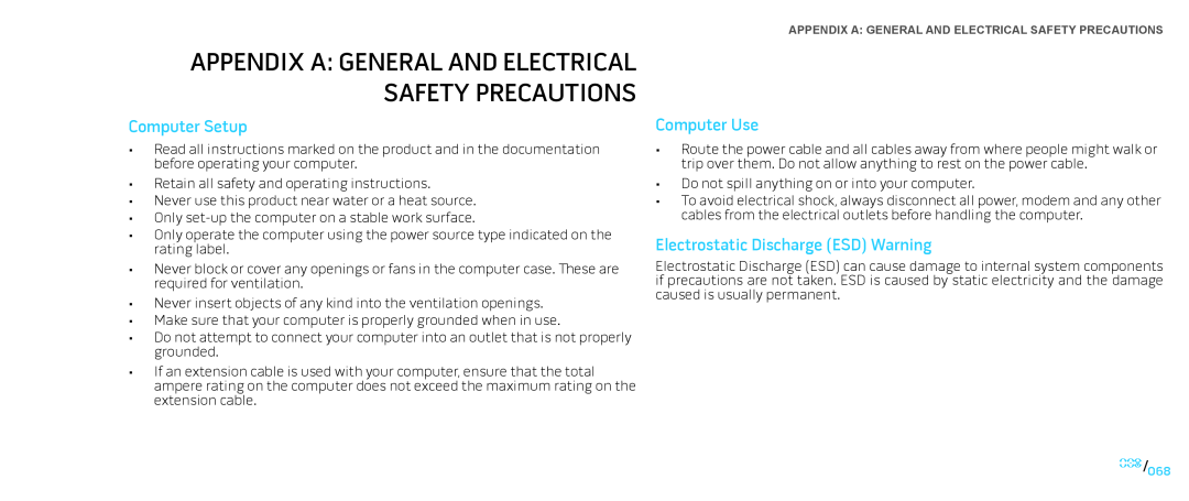 Dell Area-51 ALX manual Appendix A General And Electrical Safety Precautions, Computer Setup, Computer Use 