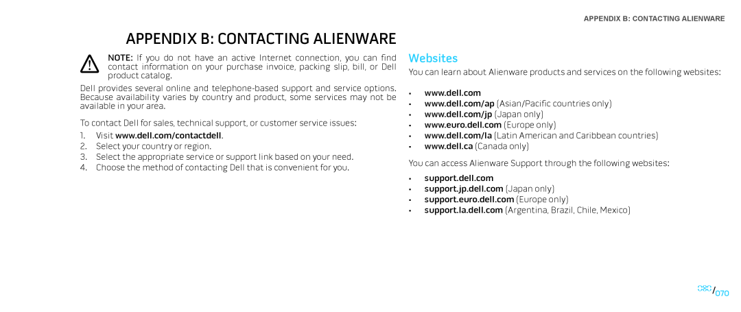 Dell Area-51 ALX manual Websites, Appendix B Contacting Alienware 