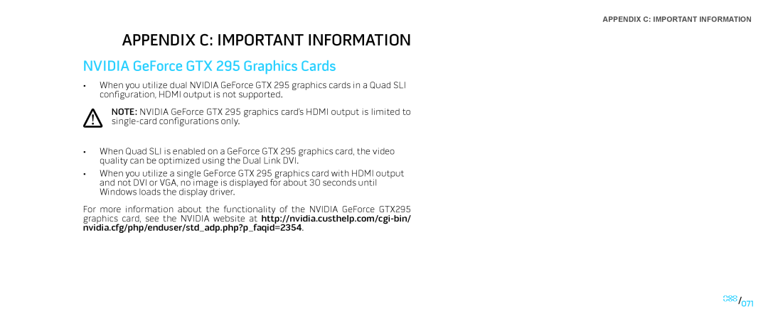 Dell Area-51 ALX manual Appendix C Important Information, NVIDIA GeForce GTX 295 Graphics Cards 