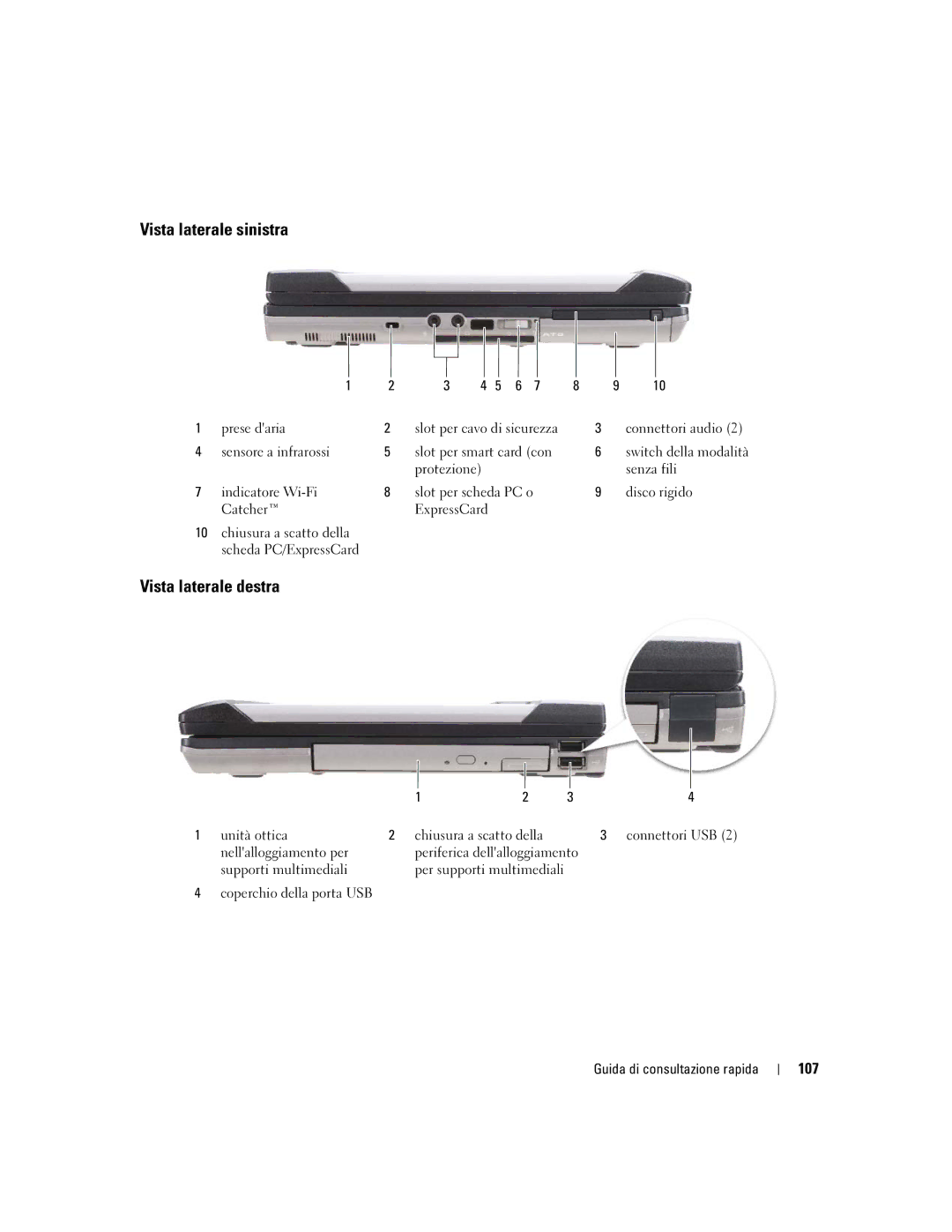 Dell ATG D620 manual Vista laterale sinistra, Vista laterale destra, 107 