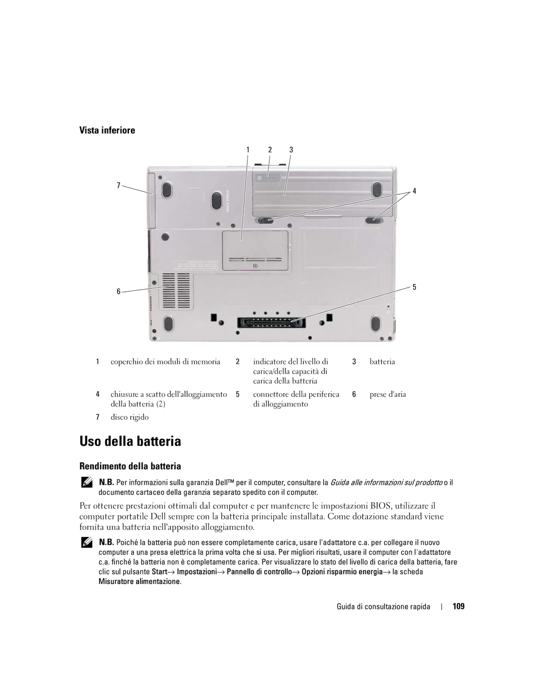 Dell ATG D620 manual Uso della batteria, Vista inferiore, Rendimento della batteria, 109 