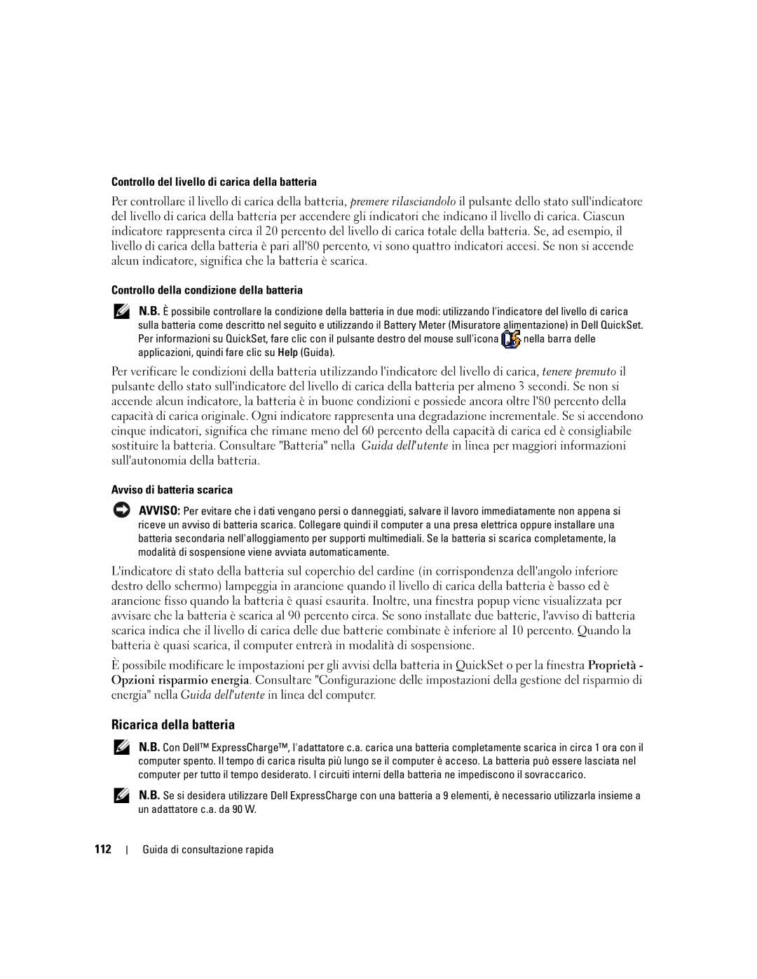 Dell ATG D620 Ricarica della batteria, Controllo del livello di carica della batteria, Avviso di batteria scarica, 112 