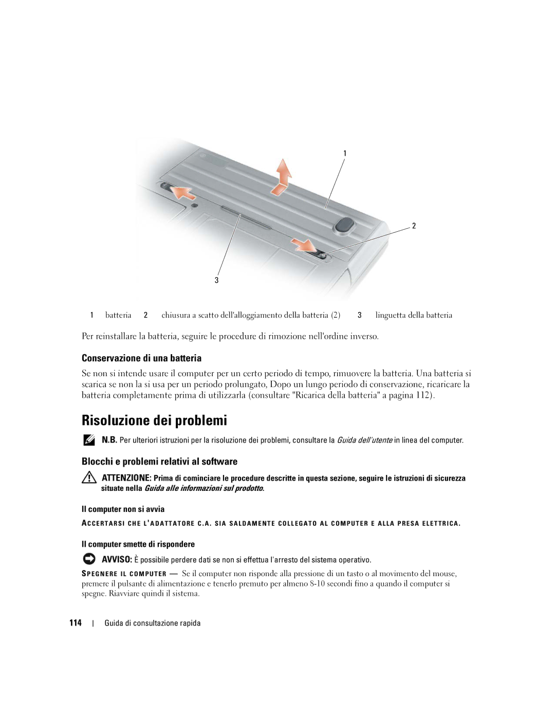 Dell ATG D620 manual Risoluzione dei problemi, Conservazione di una batteria, Blocchi e problemi relativi al software 