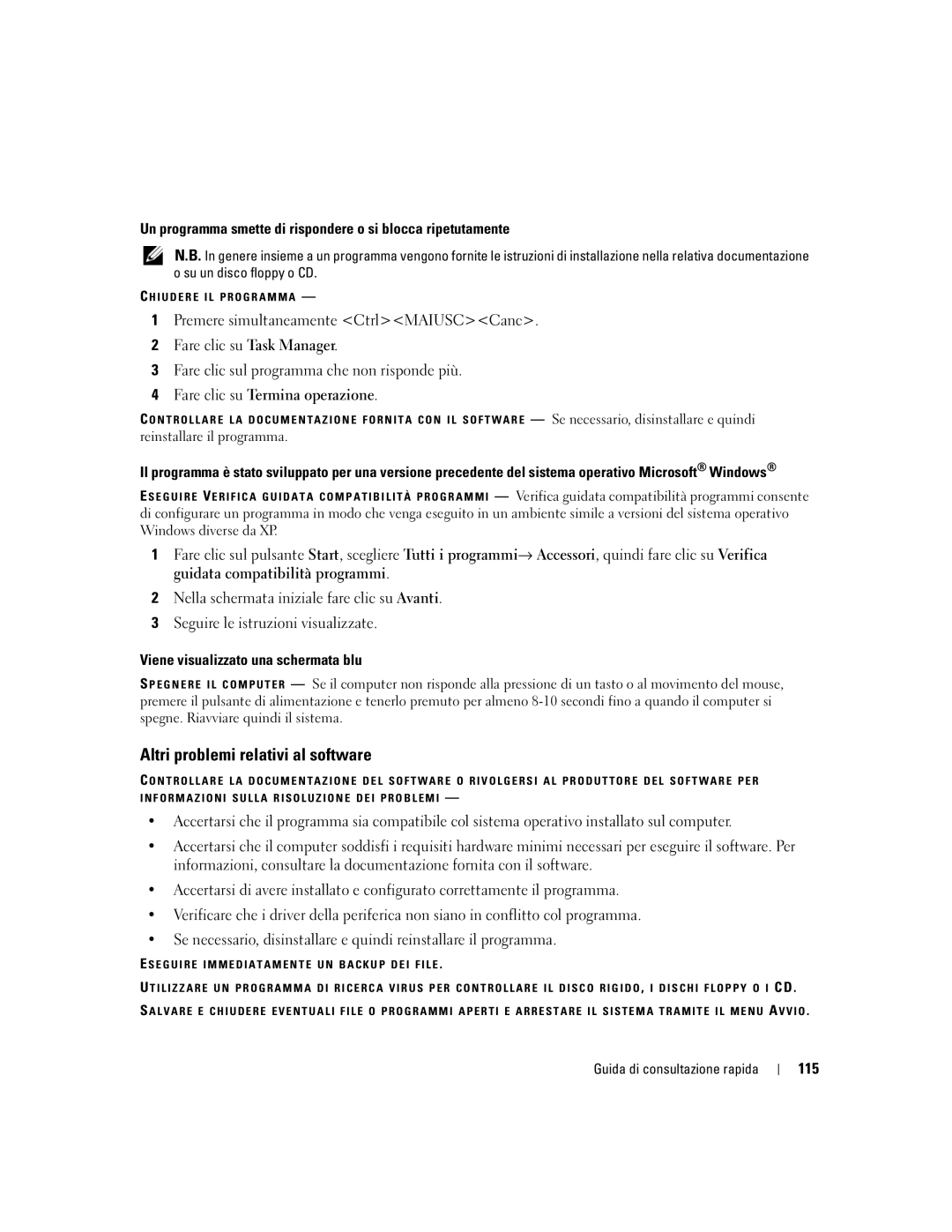 Dell ATG D620 manual Altri problemi relativi al software, Un programma smette di rispondere o si blocca ripetutamente, 115 