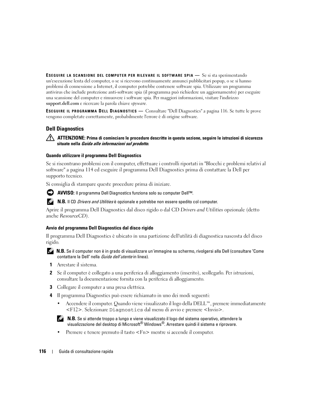 Dell ATG D620 Quando utilizzare il programma Dell Diagnostics, Avvio del programma Dell Diagnostics dal disco rigido, 116 