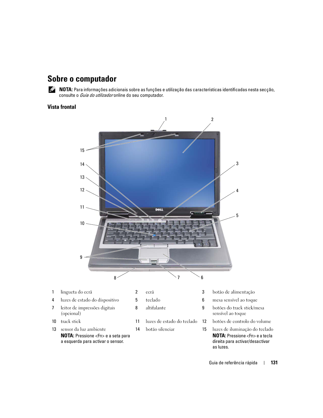 Dell ATG D620 manual Sobre o computador, Vista frontal, 131, As luzes 