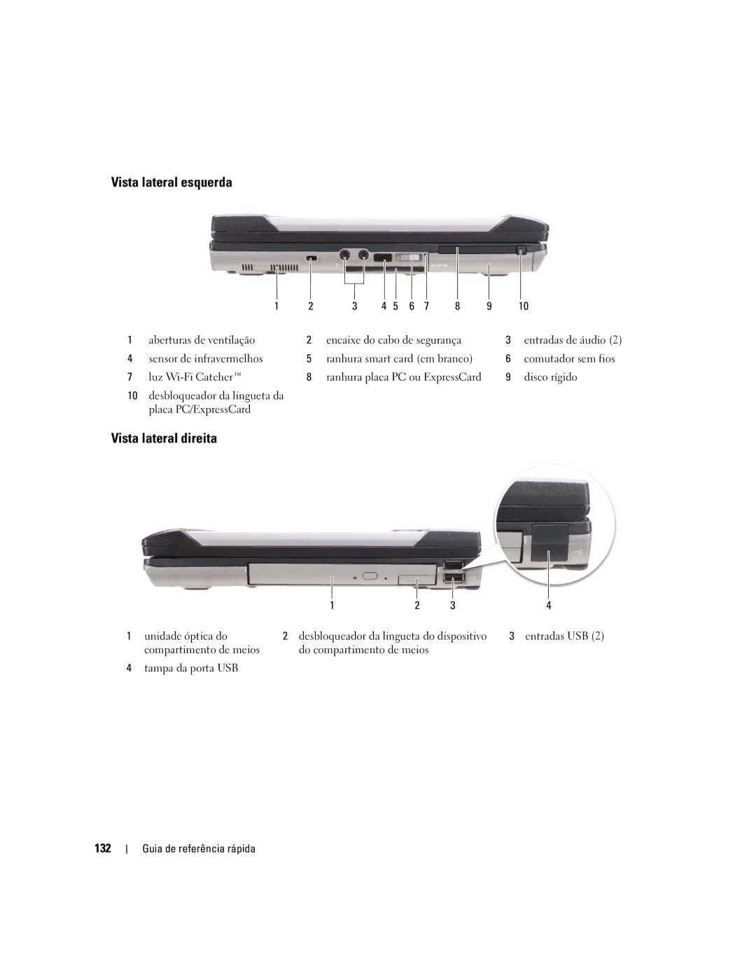 Dell ATG D620 manual Vista lateral esquerda, Vista lateral direita, 132 