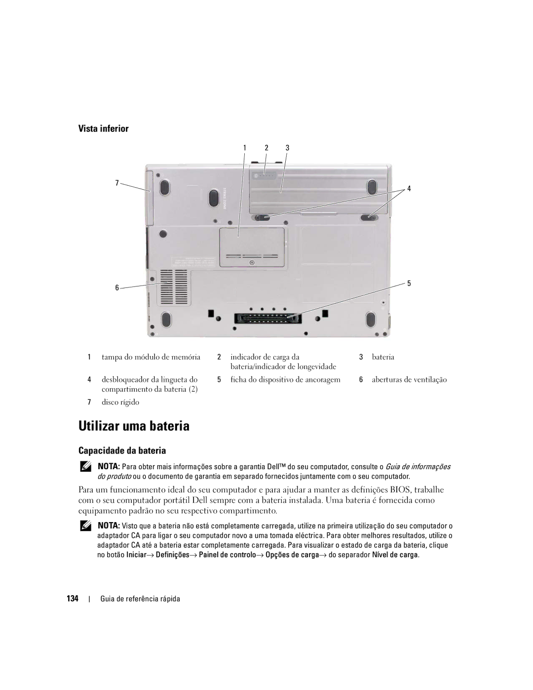 Dell ATG D620 manual Utilizar uma bateria, Vista inferior, Capacidade da bateria, 134 