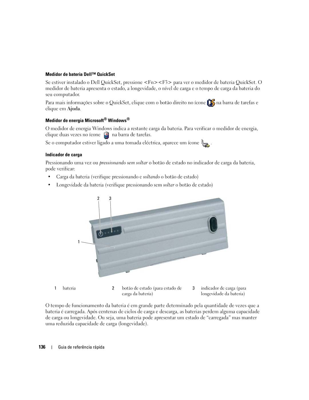 Dell ATG D620 manual Medidor de bateria Dell QuickSet, Medidor de energia Microsoft Windows, Indicador de carga, 136 