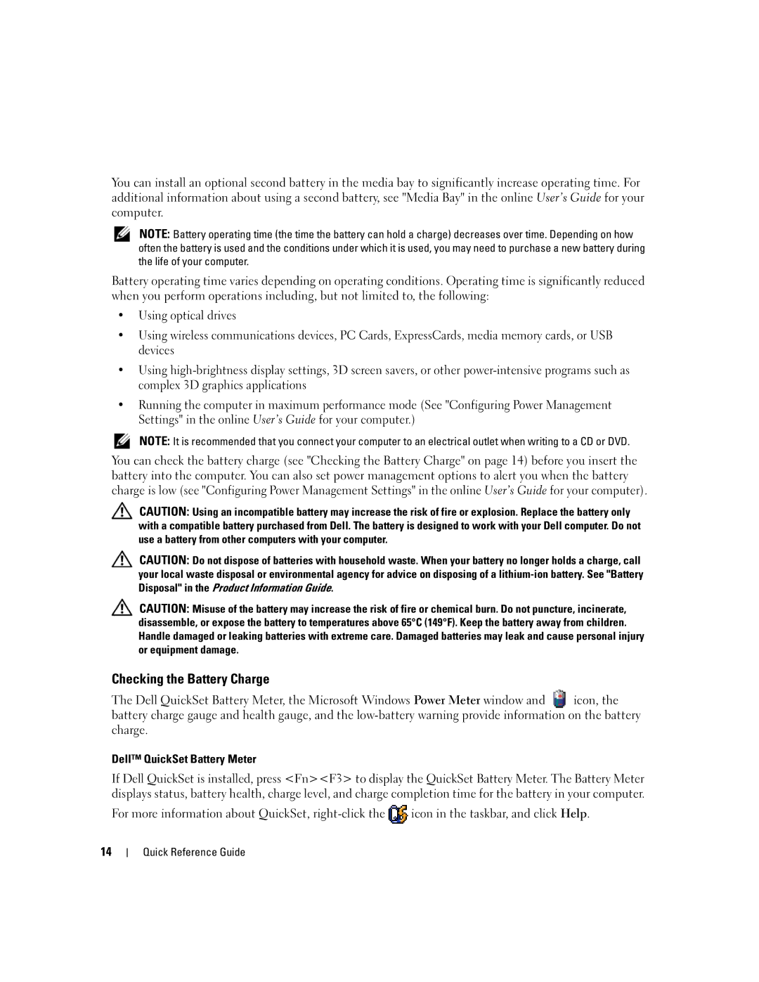 Dell ATG D620 manual Checking the Battery Charge, Dell QuickSet Battery Meter 