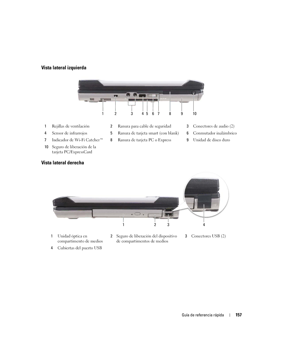 Dell ATG D620 manual Vista lateral izquierda, Vista lateral derecha, 157 