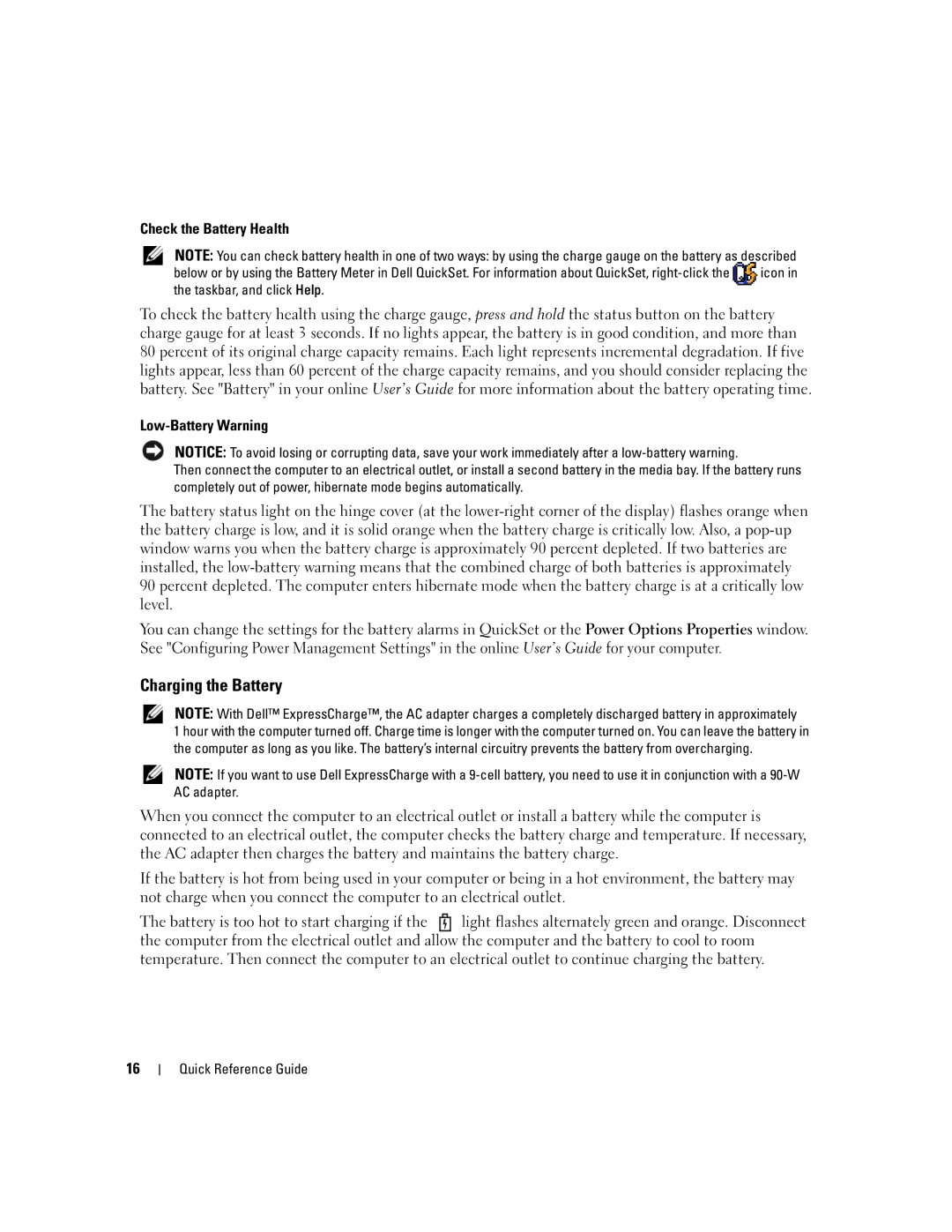 Dell ATG D620 manual Charging the Battery, Check the Battery Health, Low-Battery Warning 
