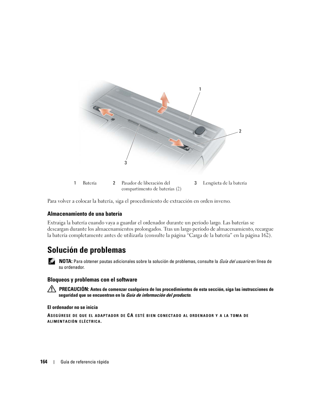 Dell ATG D620 manual Solución de problemas, Almacenamiento de una batería, Bloqueos y problemas con el software, 164 