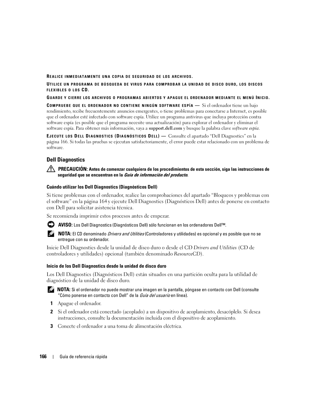 Dell ATG D620 manual Cuándo utilizar los Dell Diagnostics Diagnósticos Dell, 166 