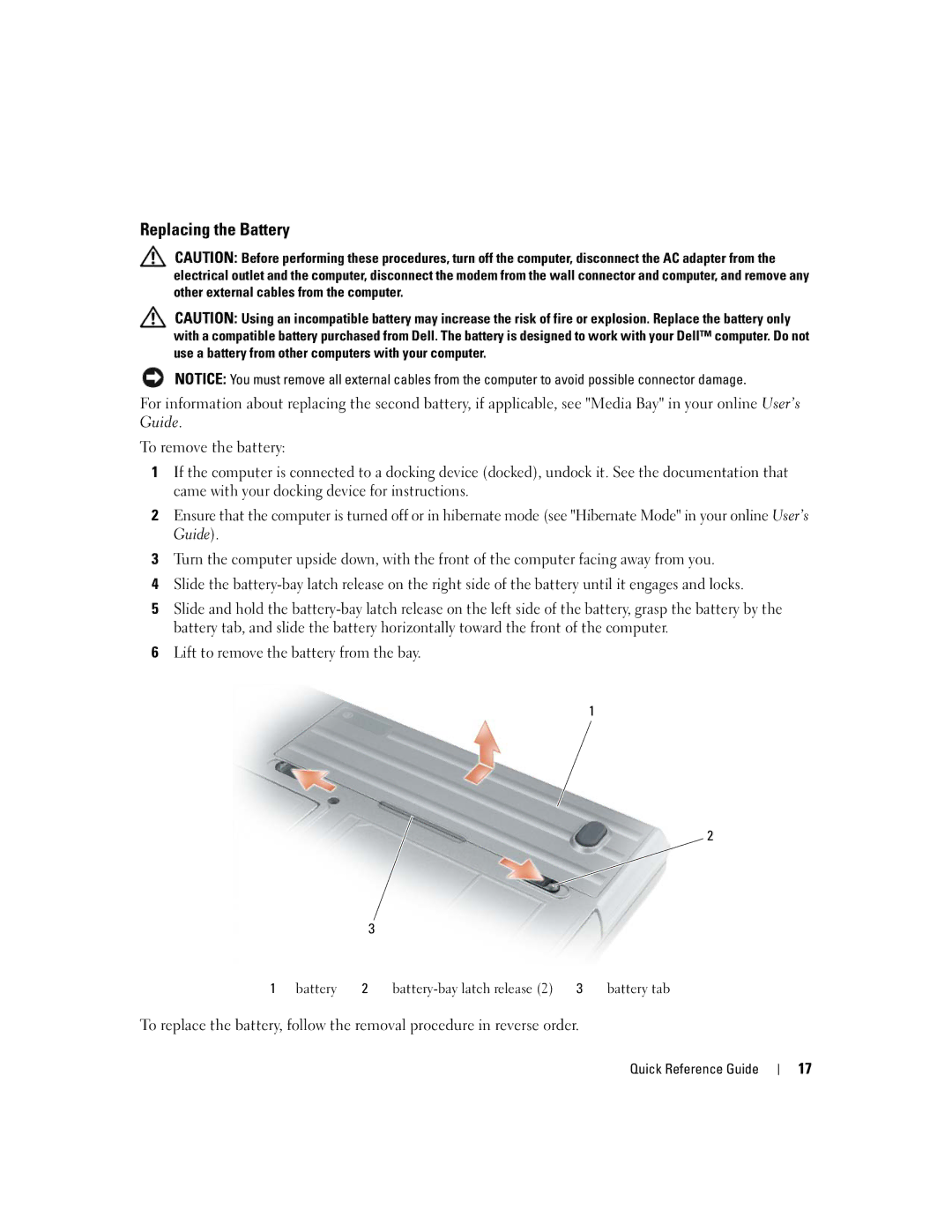 Dell ATG D620 manual Replacing the Battery 