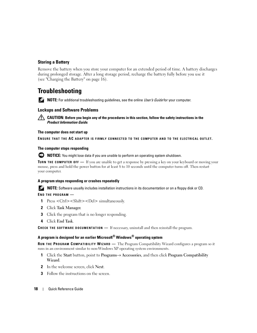 Dell ATG D620 manual Troubleshooting, Storing a Battery, Lockups and Software Problems 