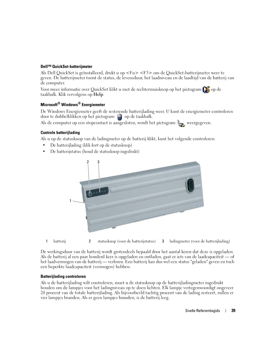 Dell ATG D620 manual Dell QuickSet-batterijmeter, Microsoft Windows Energiemeter, Controle batterijlading, Batterij 