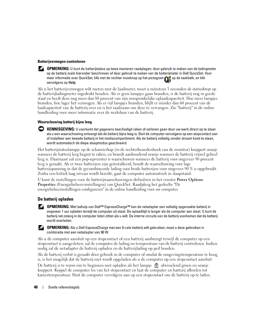 Dell ATG D620 manual De batterij opladen, Batterijvermogen controleren, Waarschuwing batterij bijna leeg 