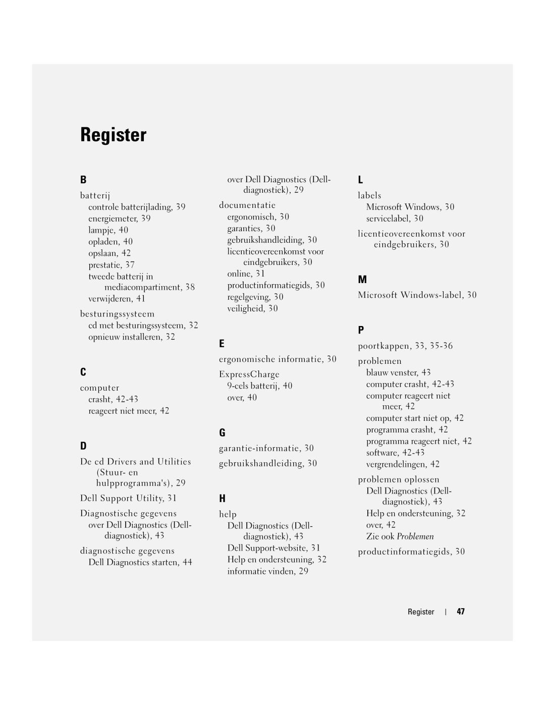 Dell ATG D620 manual Zie ook Problemen, Register 