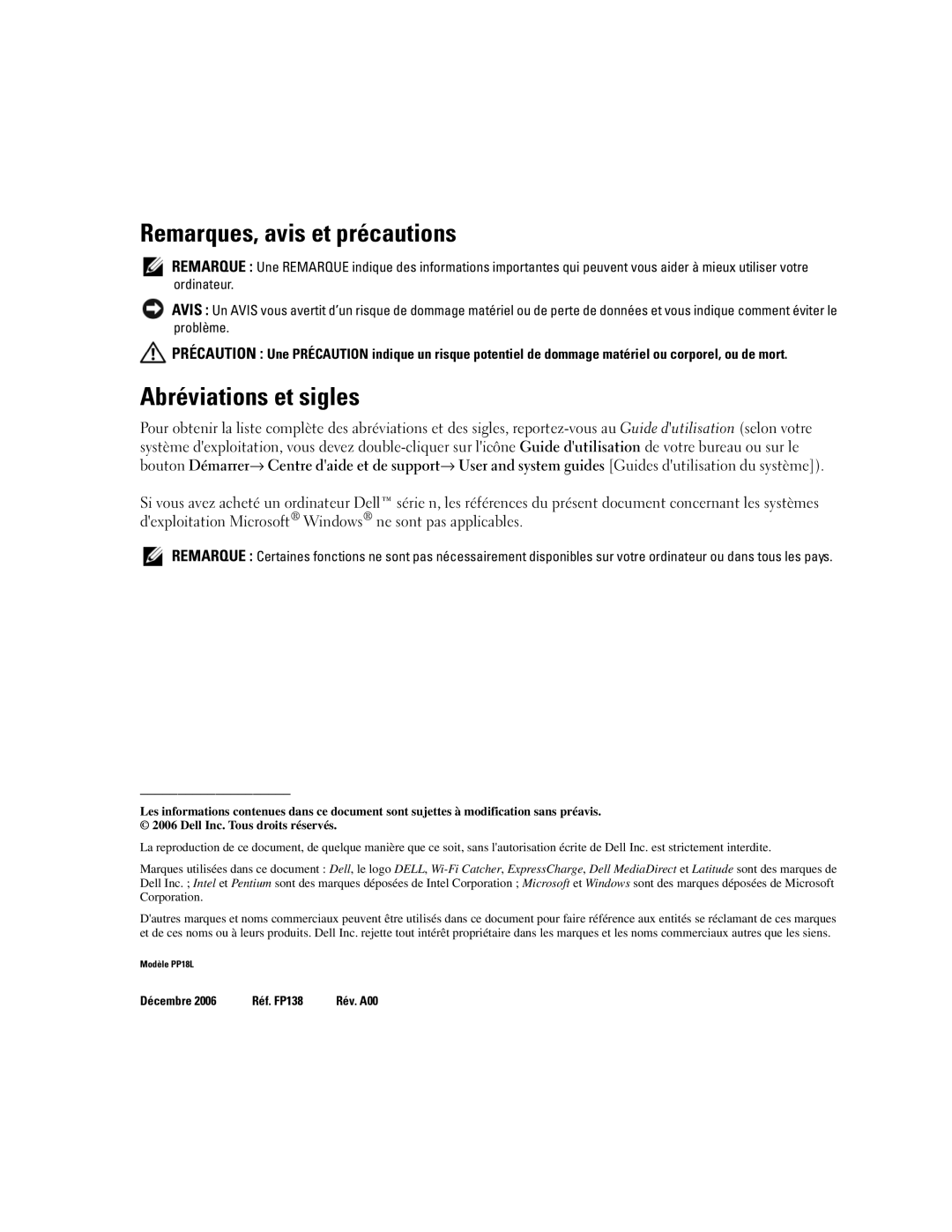 Dell ATG D620 manual Remarques, avis et précautions, Abréviations et sigles 