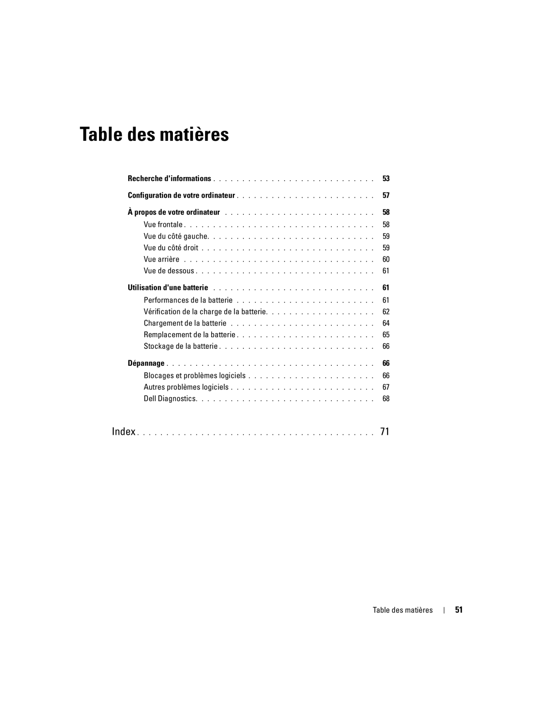 Dell ATG D620 manual Vérification de la charge de la batterie, Table des matières 