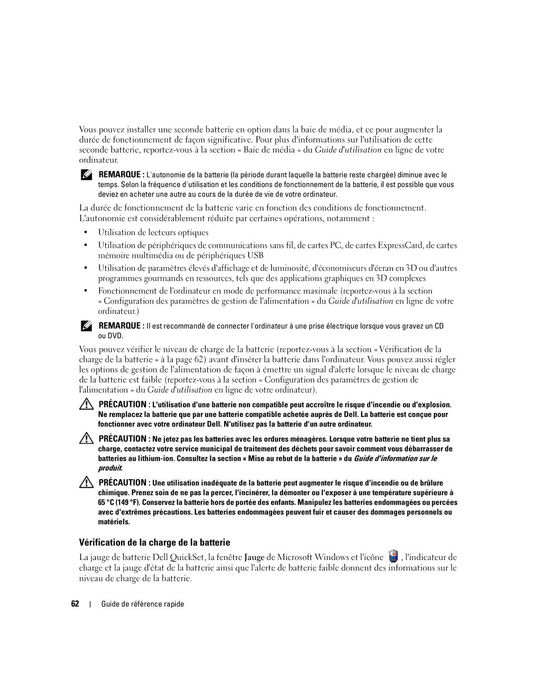 Dell ATG D620 manual Vérification de la charge de la batterie 