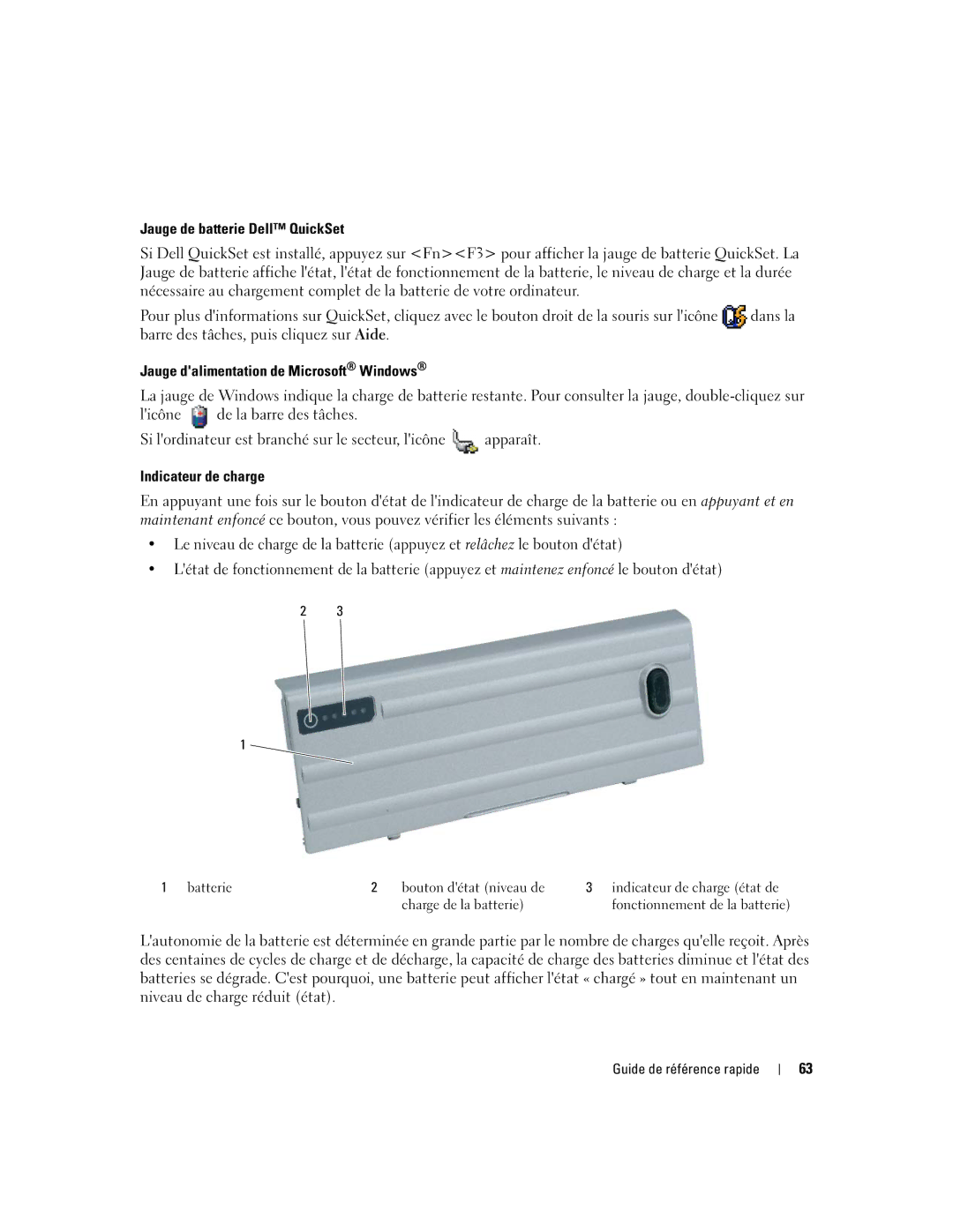 Dell ATG D620 manual Jauge de batterie Dell QuickSet, Jauge dalimentation de Microsoft Windows, Indicateur de charge 