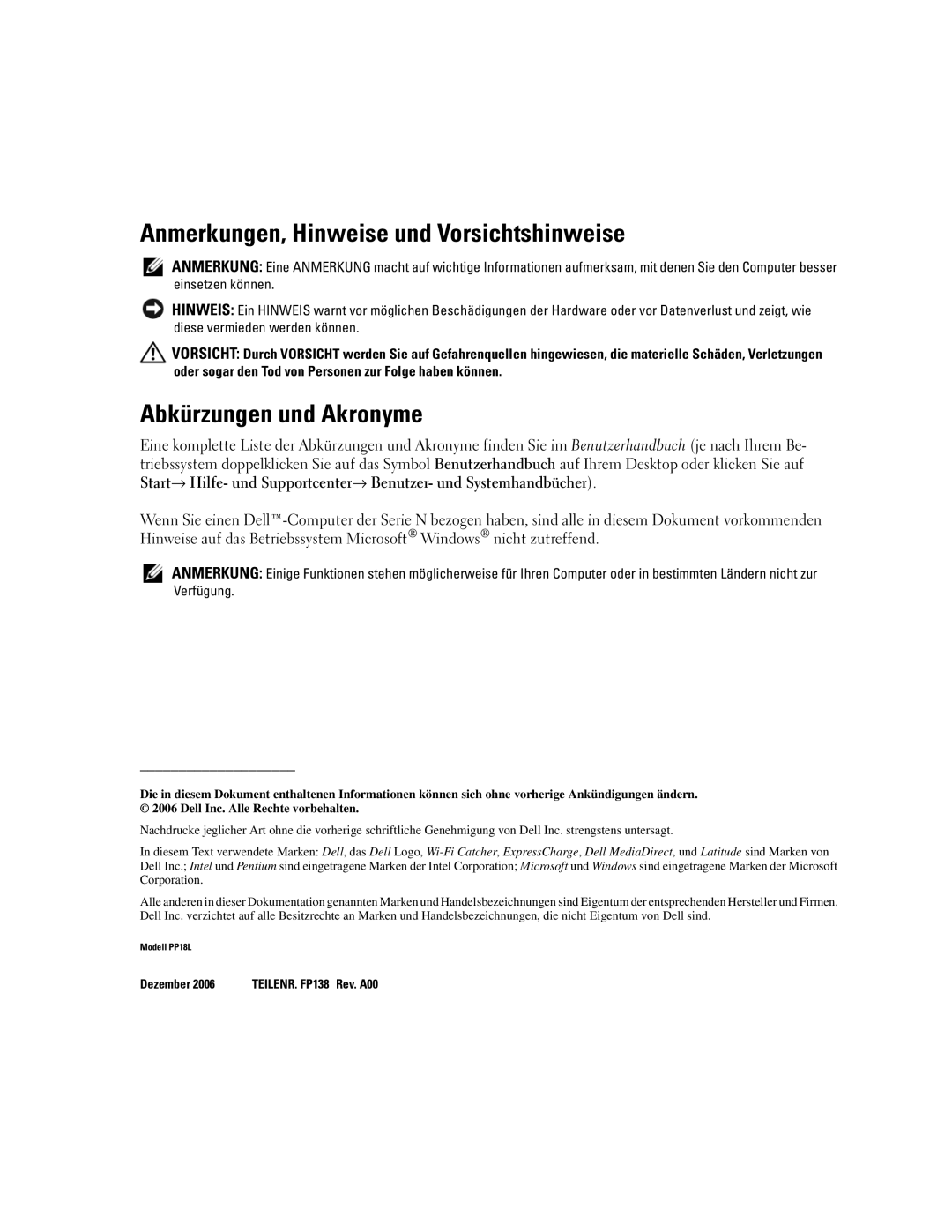 Dell ATG D620 manual Anmerkungen, Hinweise und Vorsichtshinweise, Abkürzungen und Akronyme 