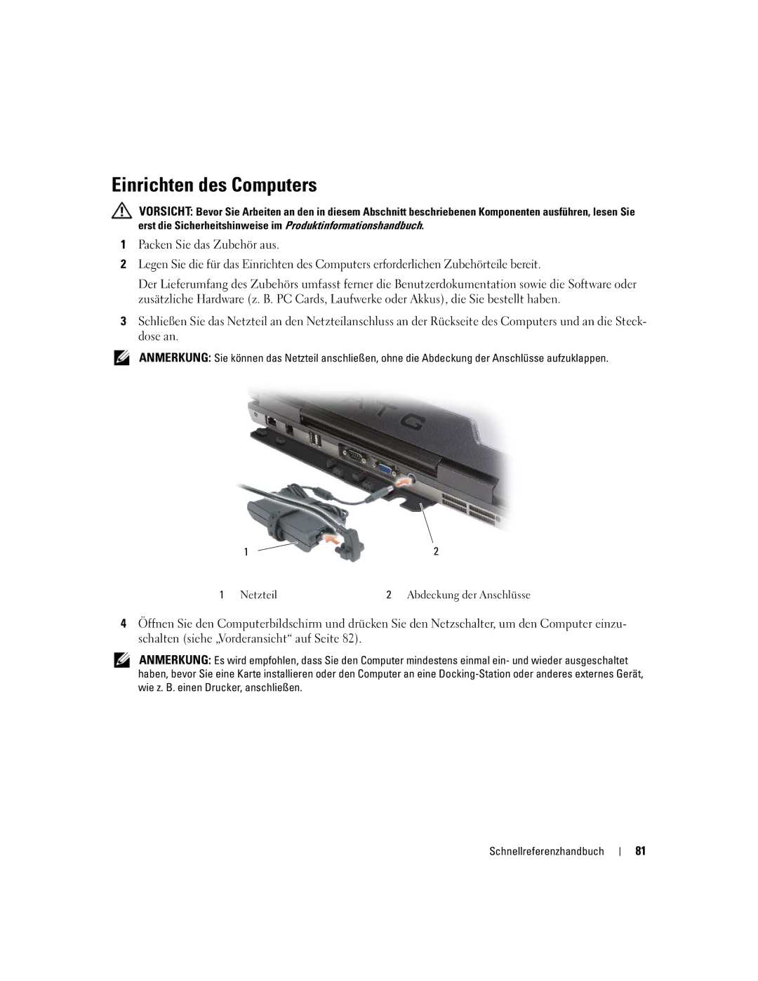 Dell ATG D620 manual Einrichten des Computers 