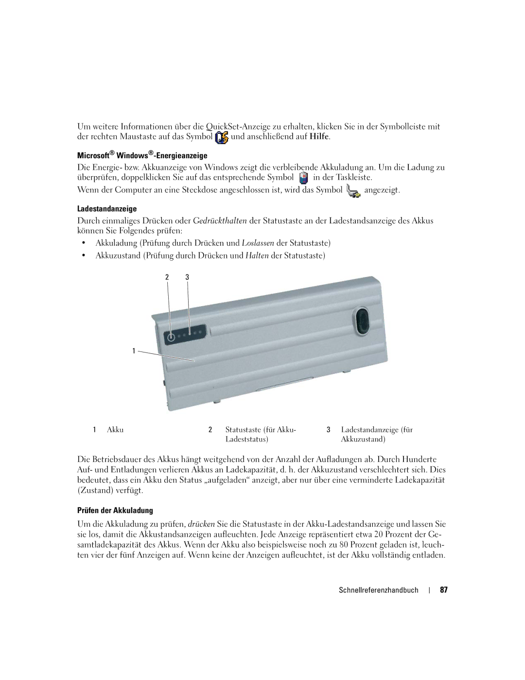 Dell ATG D620 manual Microsoft Windows-Energieanzeige, Ladestandanzeige, Prüfen der Akkuladung 