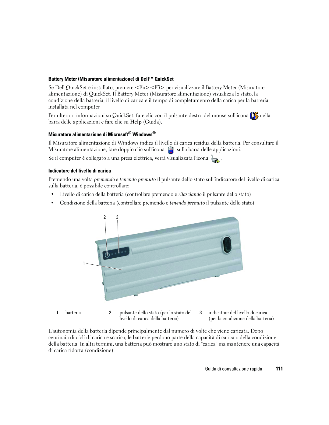 Dell ATG D620 manual Battery Meter Misuratore alimentazione di Dell QuickSet, Misuratore alimentazione di Microsoft Windows 